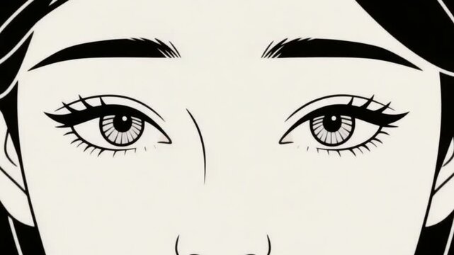 Close up animated pop art illustration featuring stylized eyes with long eyelashes and drawn eyebrows Ai HD video.
