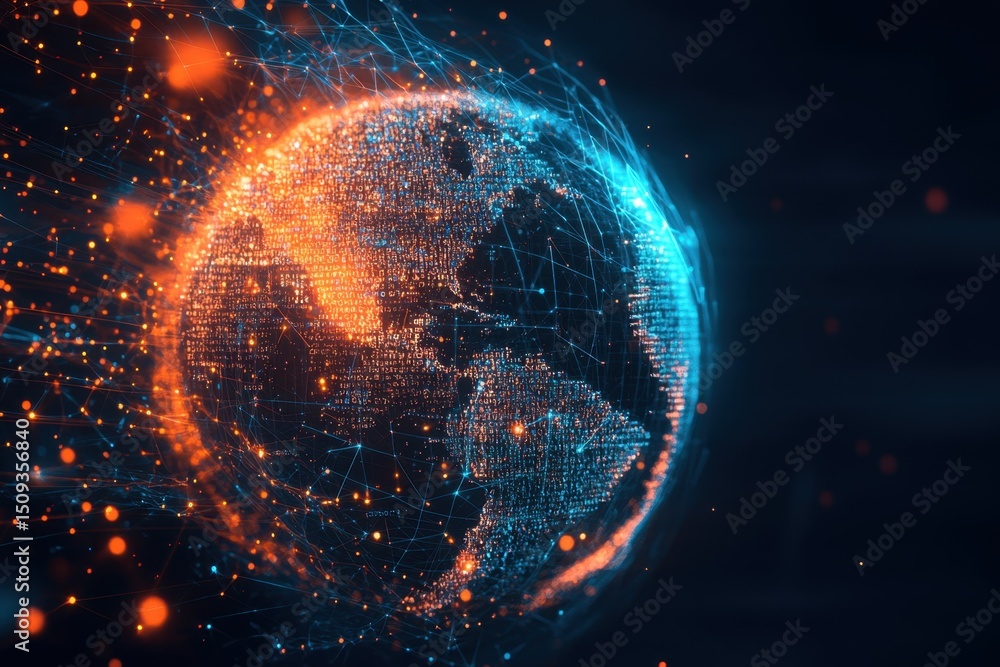 Poster abstract digital background with a globe and binary code, symbolizing global internet technology and