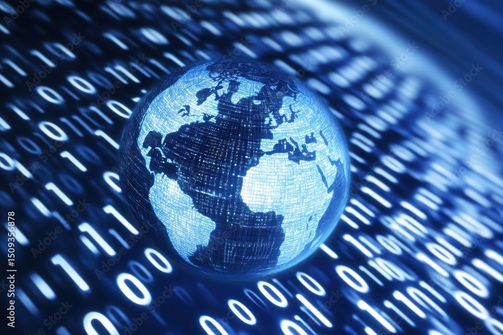 Poster a blue background with digital binary code and an earth globe, representing global connectivity and 