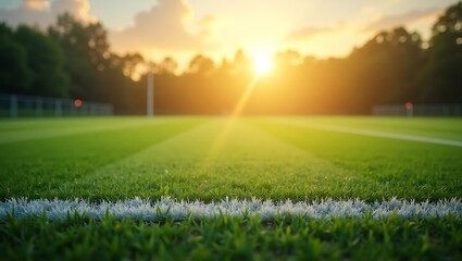 Golden Hour on the Pitch: Serene Soccer Field at Sunset with Vibrant Green Grass