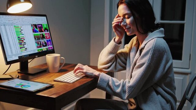 Tired Woman Working Late at Computer — Digital Overload and Remote Work Fatigue Concept