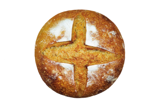 Round artisan rye bread loaf with a rustic crust and cross pattern on top, isolated on transtarent background. Freshly baked homemade bread with a natural, crusty texture. PNG.