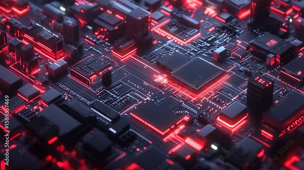 Poster abstract red neon circuit board technology background digital art futuristic electronic design high 