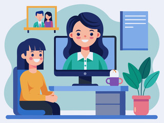 Two businesswomen communicating through online conference in modern workplace interior scene