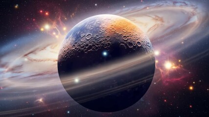 Giant planet with swirling clouds and vibrant rings in a colorful nebula space scene - Powered by Adobe