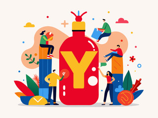 Fototapeta premium Playful Group of Whimsical Characters Celebrating on Oversized Bottles with Abstract Background
