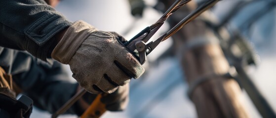 Closeup of linemans gloved hands using wire clamps to repair overhead power lines on a utility pole, showcasing skilled trades and electrical maintenance