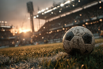 Close-up of worn black-and-white football on artificial grass pitch, with a distant stadium filled with spectators Warm hues from sunrise sunset lighting and shallow depth of field emp - AI-Generated