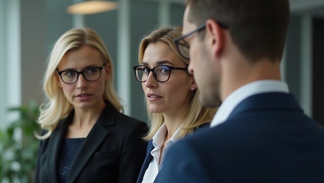 Business colleagues engage in collaborative discussion, strategizing in office environment