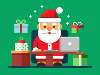 Festive digital illustration of Santa working at desk with Christmas decorations and gifts