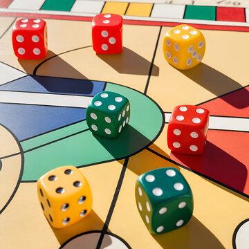 Parcheesi board game detail with dice and game piece