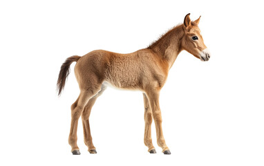 Adorable baby horse foal showing soft brown coat and curious expression while standing isolated on transparent background PNG
