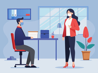 Clean Flat Illustration Showing Importance of Keeping Two Meters Apart in Office Space