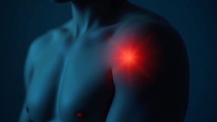 Shoulder pain highlighted in red on a man with medical condition theme