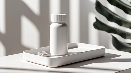 white pill bottle mockup with tamper seal, on medical-grade white tray with subtle plastic wrap texture, sterile light, neutral temperature shadows, pharmacy concept