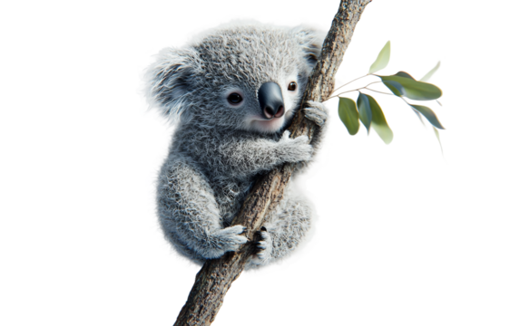 Adorable young koala clinging to a slender tree branch showing gentle affection isolated on transparent background PNG