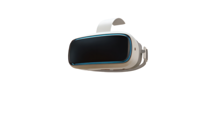 White virtual reality headset with blue glowing light floating on a transparent background, perfect for showcasing the latest in vr technology