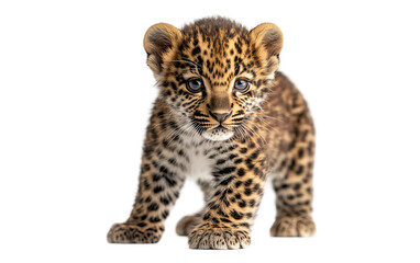 Obraz premium Baby leopard cub standing proudly on the grass with its beautiful spotted fur glistening under natural sunlight in a lush wild habitat isolated on transparent background PNG