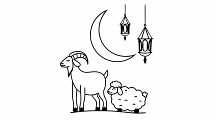 Eid al-Adha AI-Generated Illustration of Goat and Sheep under Crescent Moon
