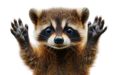Young raccoon sitting upright showing playful expression with paws raised in a peaceful forest environment isolated on transparent background PNG