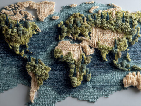 Patchwork quilt style world map made of fabric, outlined with thread in blue and green Continents Europe, Africa, North America, South America, Asia, Australia represented by differe - AI-Generated - Powered by Adobe