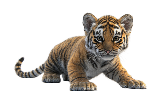 Young tiger cub captured crouching playfully showing its distinctive striped fur and lively expression in the wild habitat isolated on transparent background PNG