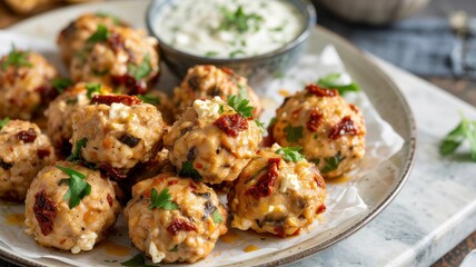 Chicken meatballs with dried tomatoes on a white plate. Golden-colored meatballs with dried tomatoes, feta cheese crumbs and fresh parsley. Next to it is a small plate of sauce with garlic.