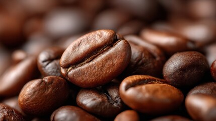 Naklejka premium A close-up of freshly roasted coffee beans reveals deep brown hues and an inviting sheen. Each bean displays unique characteristics with a variety of shapes and textures, promising rich flavors