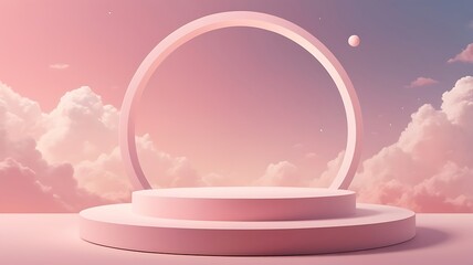 Serene Pink Stage with Circular Portal against a Dreamy Sky Backdrop