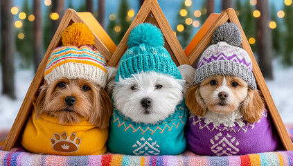 Cozy dogs in winter sweaters outdoors. Three adorable dogs wearing colorful sweaters and hats sit together in a snowy outdoor setting surrounded by trees.