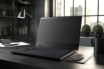 Modern black laptop on a dark desk in a stylish workspace