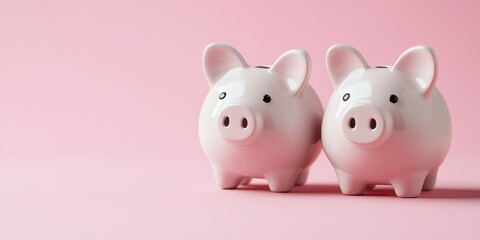 Cute ceramic piggy banks for kids' savings on a pink background