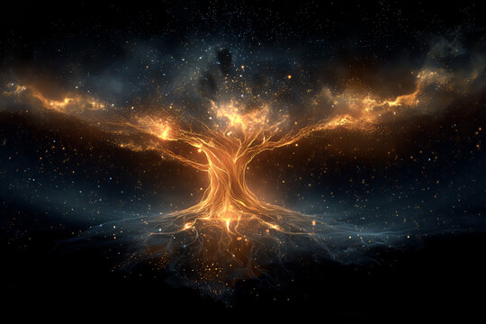 A radiant, glowing tree of energy extends roots and branches into the cosmos, symbolizing universal connection and cosmic life.