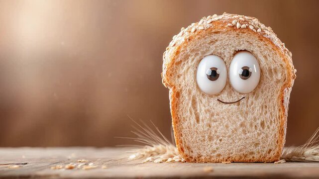 Smiling bread face with eggs and wheat in warm rustic setting.