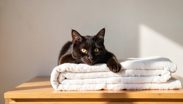 Black cat resting on neatly stacked towels in bright sunlight   - Powered by Adobe