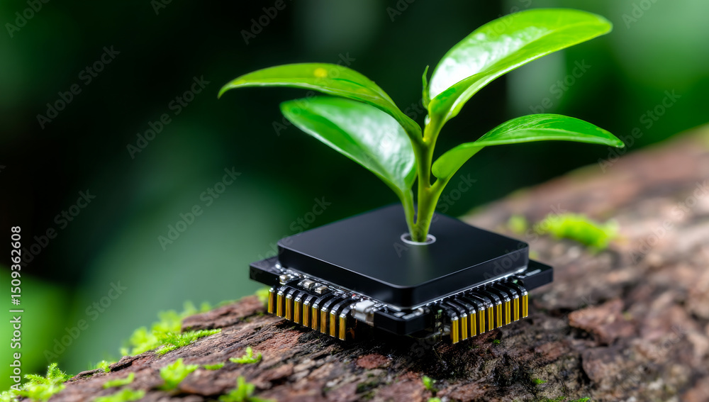 Aufkleber tech and nature unite in design. a computer chip supports a small green plant, showcasing harmony be