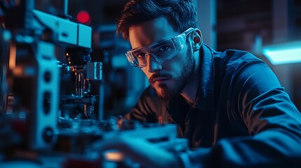 Man Working on Automated Machine Wearing Safety Glasses