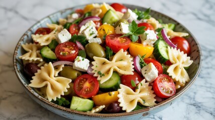 Homemade Greek pasta salad with farfalle pasta ("butterfly"), cherry tomatoes, cucumbers, red onion, green and black olives, feta cheese and bell pepper. The salad is seasoned with herbal sauce.