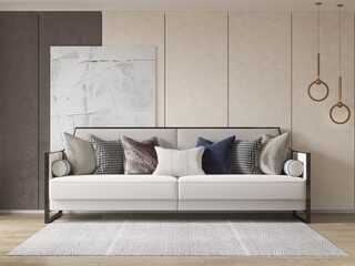 Mock up of a bright spacious living room with a cool stylish sofa and trendy decorative background, 3D rendering.