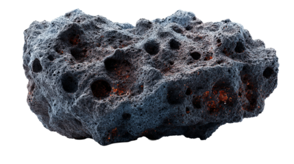 A detailed view of a dark, porous meteoroid with glowing internal areas, on black background.