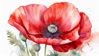 hand drawn watercolor red poppy flower isolated on white background