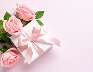 女性向けのギフト　ピンクのリボン　バラを添えて
