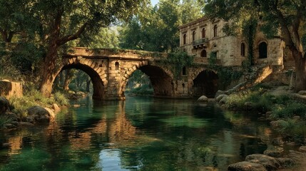 Fototapeta premium Serene River Scene with Ancient Stone Bridge and Lush Greenery