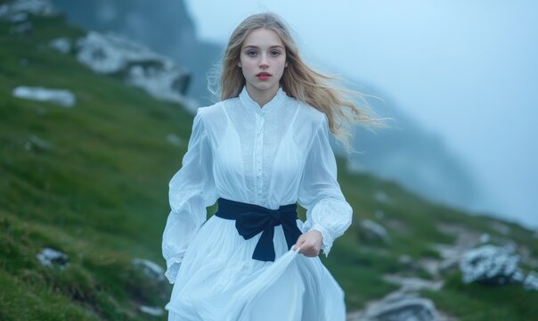 Woman in white dress on misty mountain