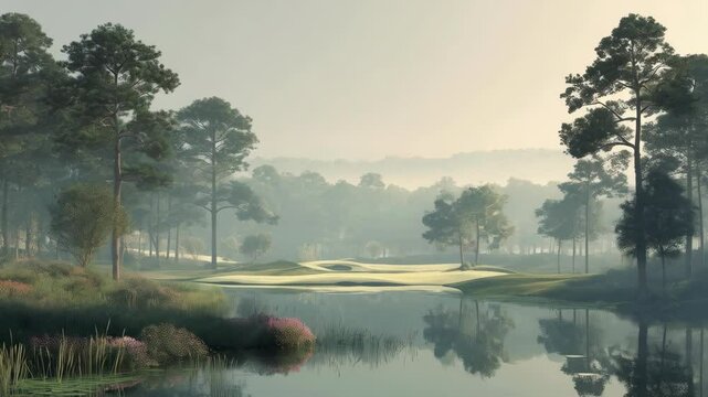 Misty serene golf course scenery showcasing green grass, trees, lake reflecting tranquil landscape, fairway, water, hazy atmosphere