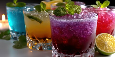 Colorful cocktails served in glasses with fresh mint and lime slices at a vibrant social gathering during the evening hours