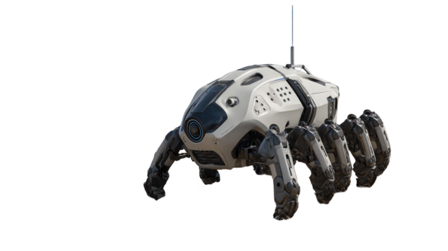 Futuristic robotic device with multiple legs and cameras is walking on a transparent background, showcasing advanced technology and futuristic design