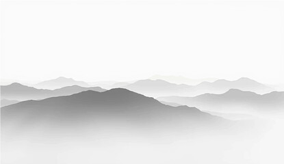  a minimalist vector illustration of layered mountain ranges in grayscale. The design should feature soft gradients and overlapping silhouettes to convey depth, with the closest mountains 