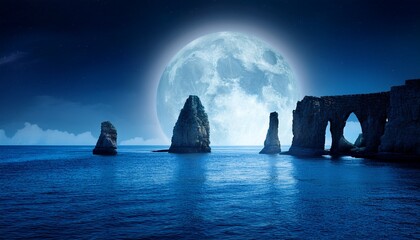 mysterious ocean landscape with arched structures under a full moon at night