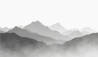  a minimalist vector illustration of layered mountain ranges in grayscale. The design should feature soft gradients and overlapping silhouettes to convey depth, with the closest mountains 